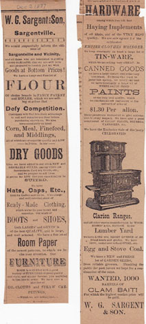 Sargent Store newspaper ads selling everything from fishing outfits to paving blocks