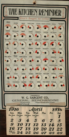 Sargent Store 'kitchen reminder' and 1916 wall calendar