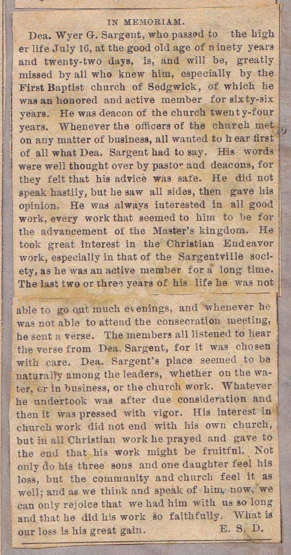 Wyer G. Sargent’s Obituary