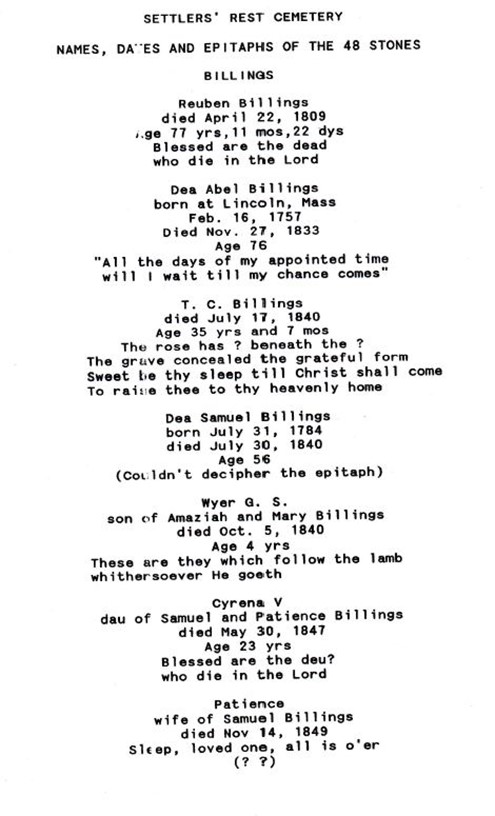Epitaphs on gravestones in Settler’s Rest Cemetery-by Abby Sargent Neese 1994