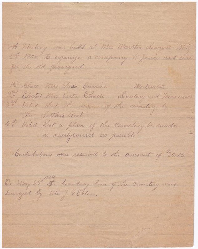 Settler’s Rest Association minutes-1904, at the time the Association was founded.