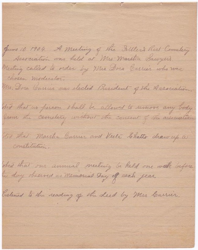 Settler’s Rest Association minutes-1904, at the time the Association was founded.