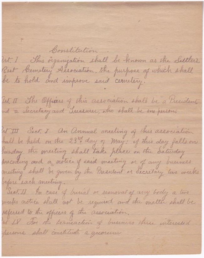 Settler’s Rest Association minutes-1904, at the time the Association was founded.