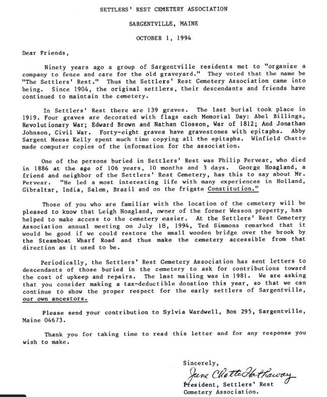 Settler’s Rest Association request for contributions-1994