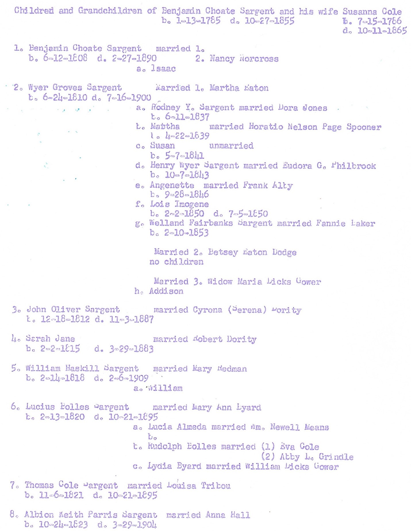 Document compiled by Catharine Marston identifying the descendants of Benjamin Choate and Susanna Cole Sargent