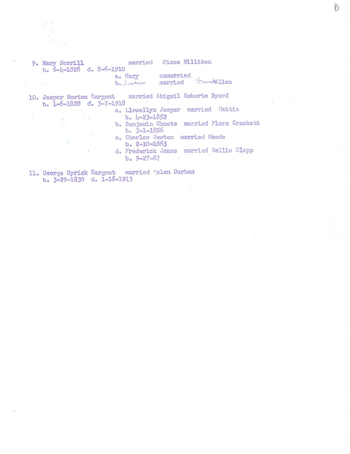 Document compiled by Catharine Marston identifying the descendants of Benjamin Choate and Susanna Cole Sargent