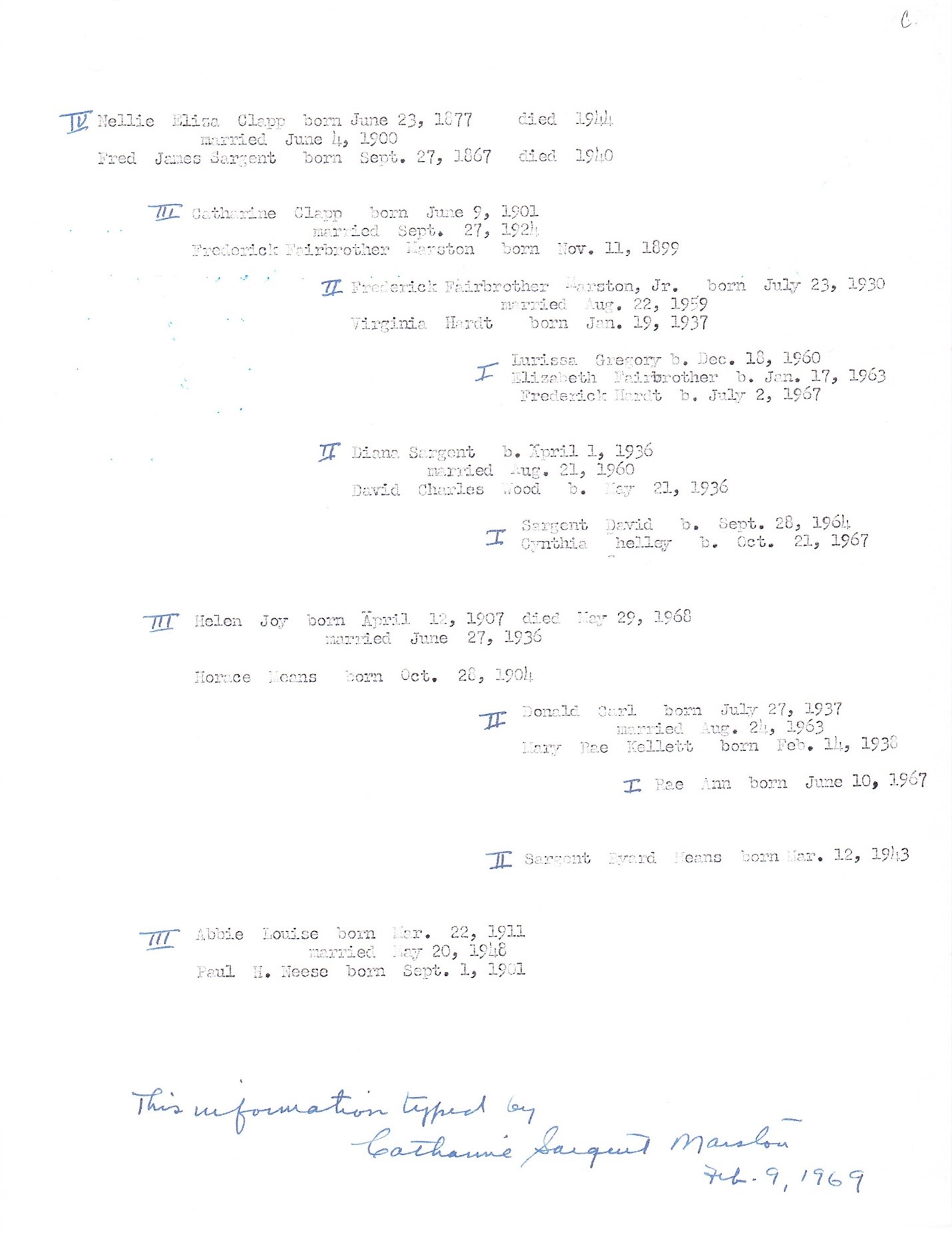 Document compiled by Catharine Marston identifying the descendants of Benjamin Choate and Susanna Cole Sargent