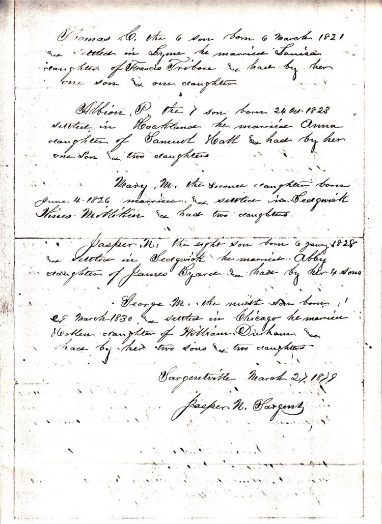 Sargent Family Genealogy by Jasper N. Sargent, 1879 - original document
