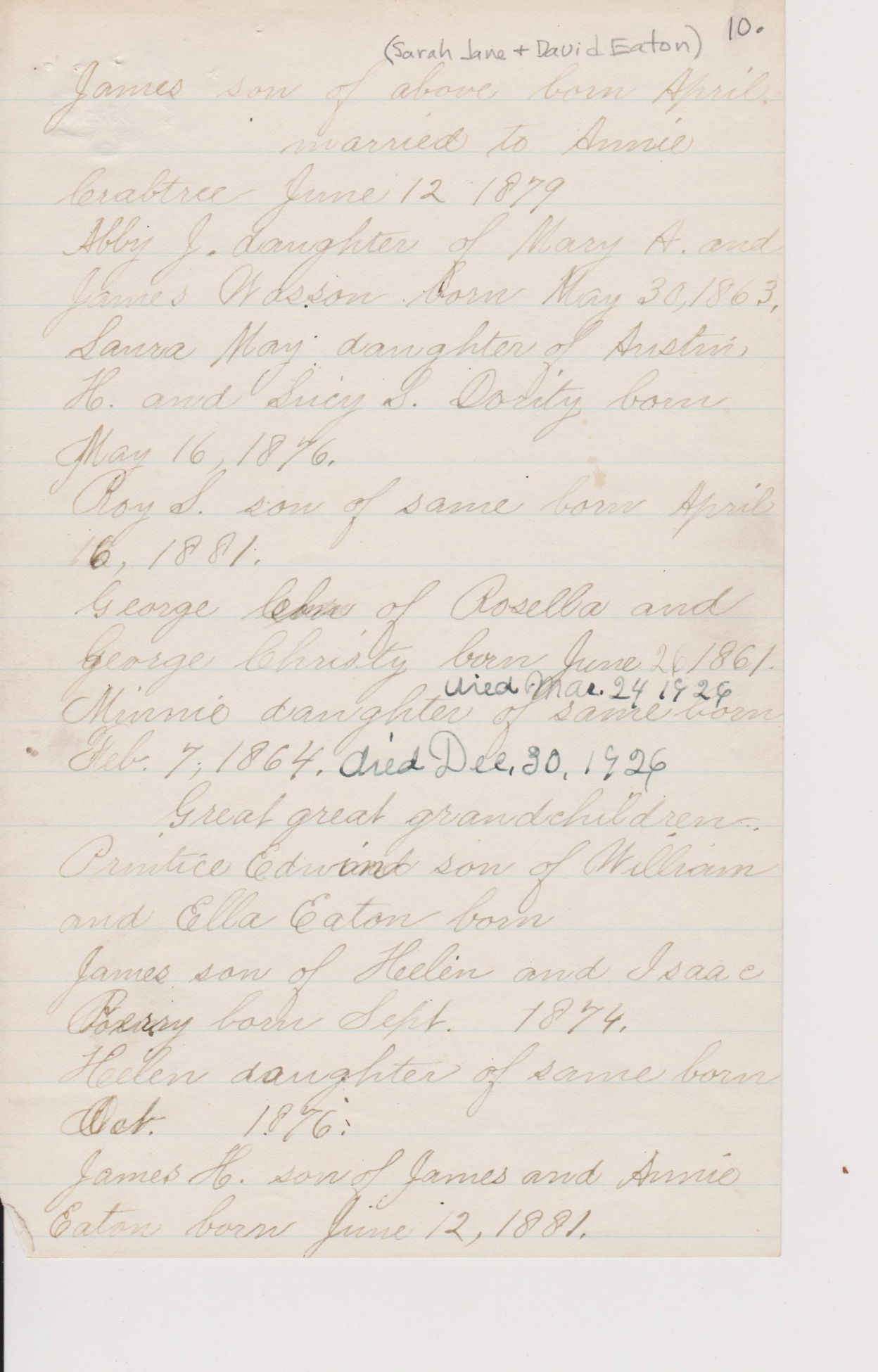 Handwritten Peter Dodge genealogy