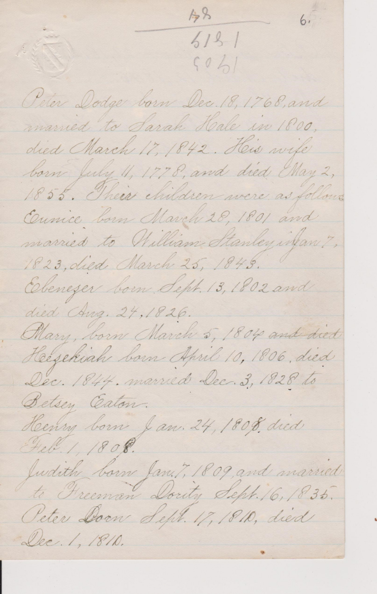 Handwritten Peter Dodge genealogy