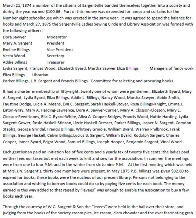 History of the Sargentville Library Association by an unknown author. Transcribed by Pam Simmons 11/2014.