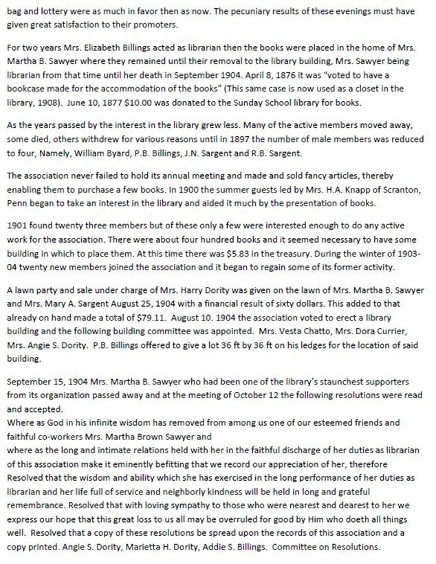 History of the Sargentville Library Association by an unknown author. Transcribed by Pam Simmons 11/2014.