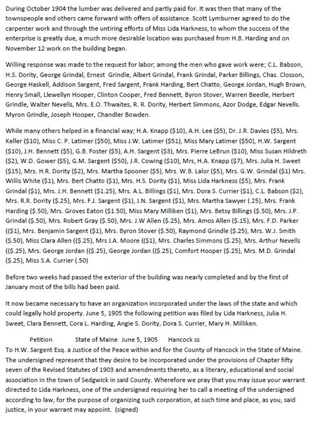 History of the Sargentville Library Association by an unknown author. Transcribed by Pam Simmons 11/2014.