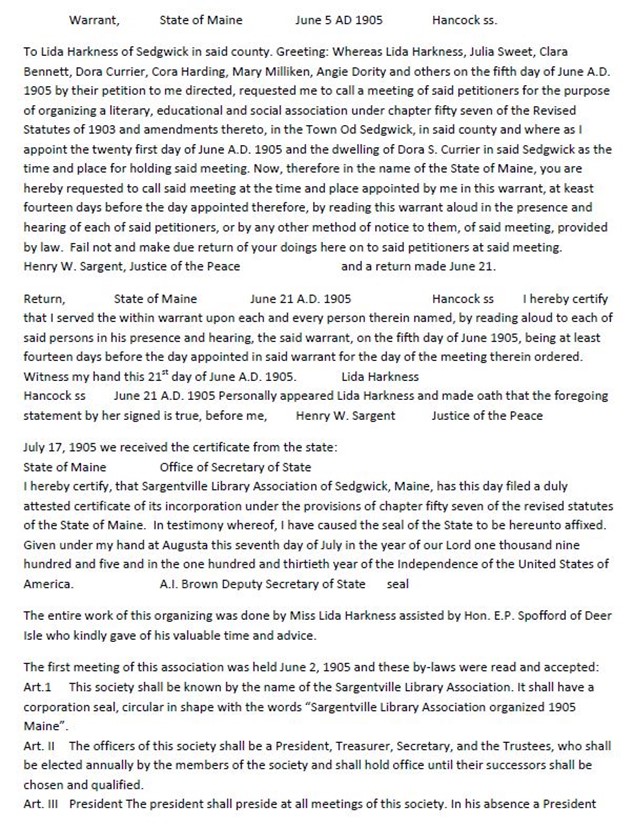 History of the Sargentville Library Association by an unknown author. Transcribed by Pam Simmons 11/2014.