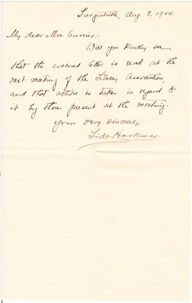 Lida Harkness' letter to the Library Association