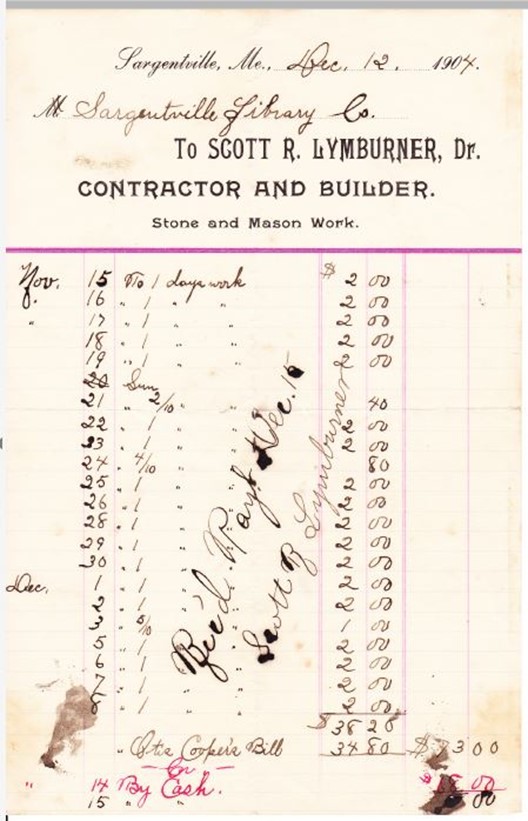 Receipts for some of the materials and labor used to build the library.