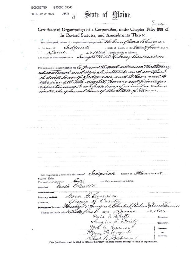 Sargentville Library Association Corporation Certificate 1905