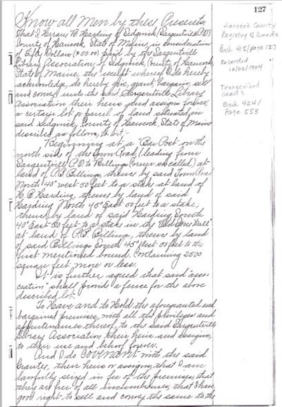Sargentville Library Deeds
