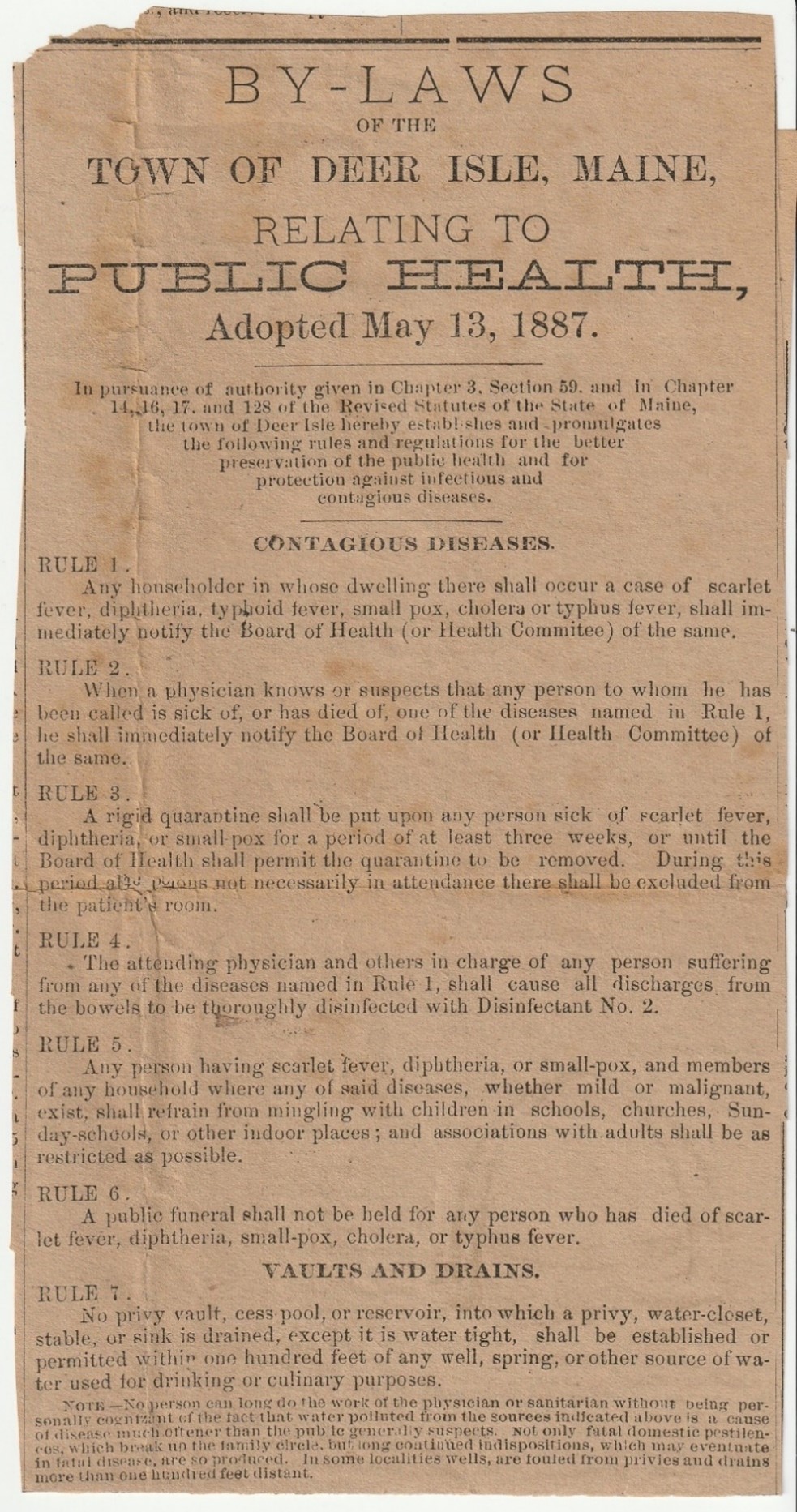 1887 Deer Isle, Maine Public Health Rules Related to Contagious Diseases