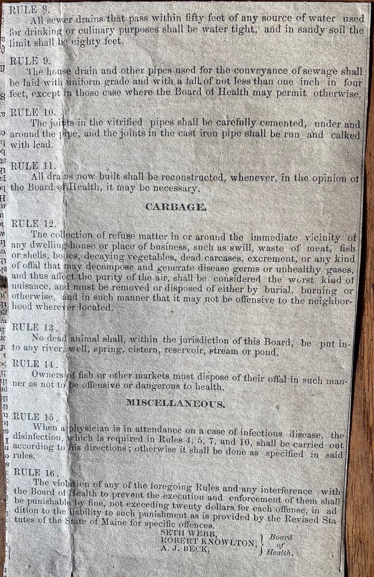 1887 Deer Isle, Maine Public Health Rules Related to Contagious Diseases