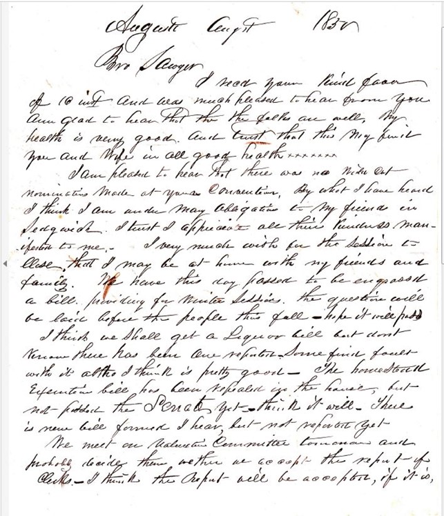 Scan of a Transcription of a letter, written in either 1850 or 1852 by Wyer G. Sargent to Abel Sawyer during the time Wyer was a representative to the Maine State Legislature.