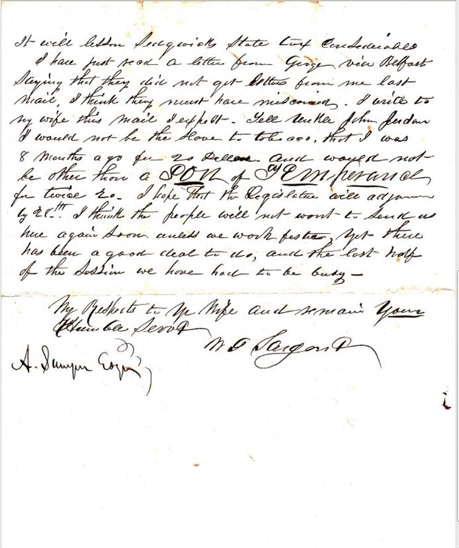 Scan of a Transcription of a letter, written in either 1850 or 1852 by Wyer G. Sargent to Abel Sawyer during the time Wyer was a representative to the Maine State Legislature.