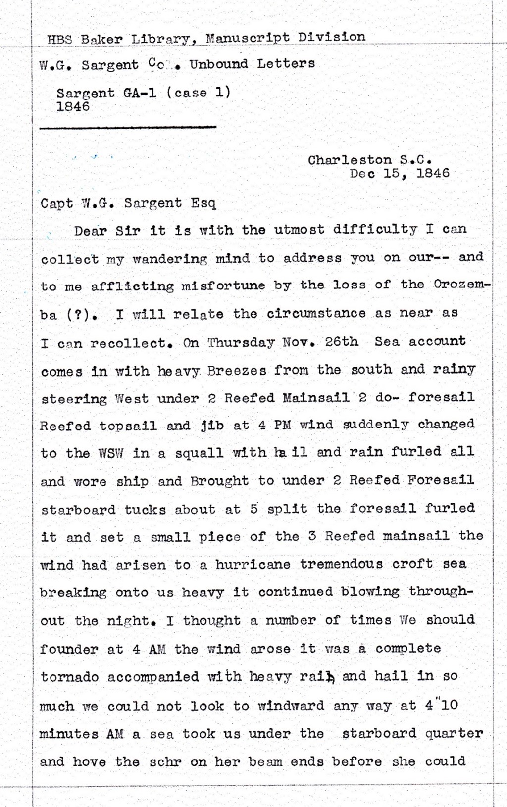 Letter from Wines Milliken to Wyer G. Sargent