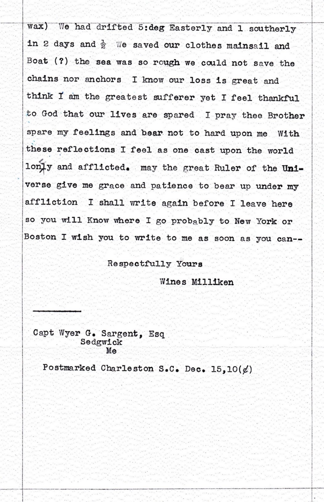 Letter from Wines Milliken to Wyer G. Sargent