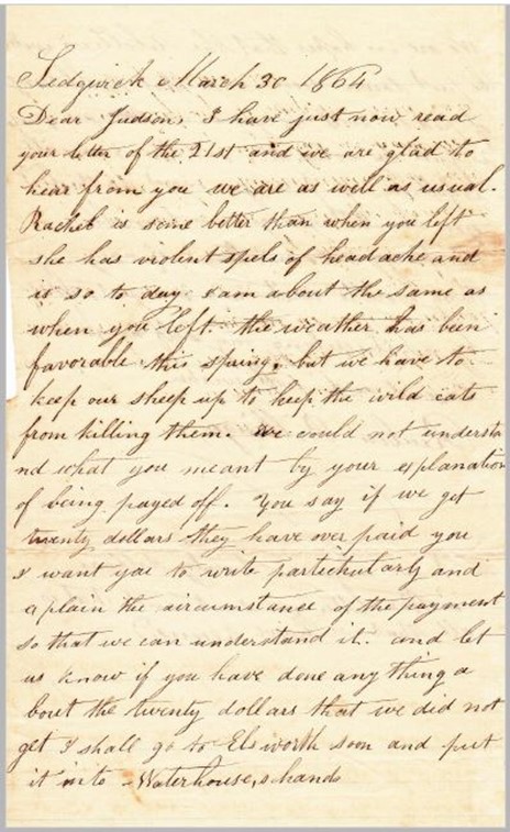 This 1864 letter was from Reuben Billings to his son-in-law Judson Gray who was in the 16th Maine Infantry.