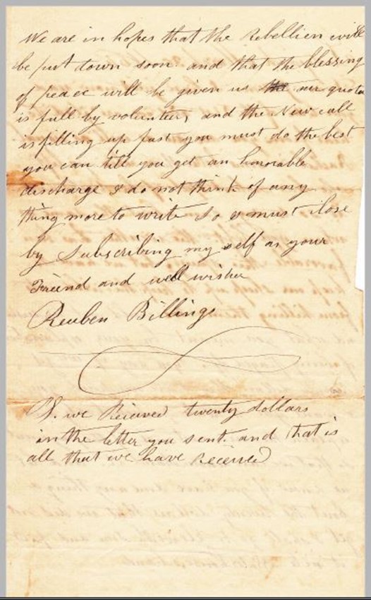 This 1864 letter was from Reuben Billings to his son-in-law Judson Gray who was in the 16th Maine Infantry.