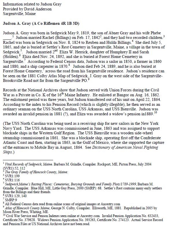 Information related to Judson Gray. Provided by David Anderson, Sargentville, Maine
