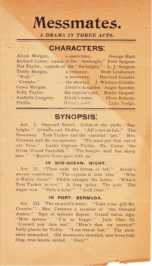 Playbill for "Messmates", a play performed Dec 18, 1896 in Sargent Hall