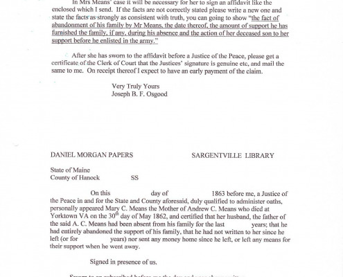 Letters to Daniel Morgan Jr. regarding military benefits for his sister Mary C. Means.