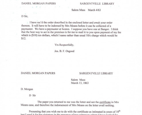 Letters to Daniel Morgan Jr. regarding military benefits for his sister Mary C. Means.