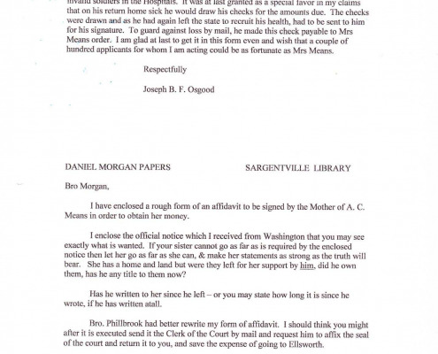 Letters to Daniel Morgan Jr. regarding military benefits for his sister Mary C. Means.