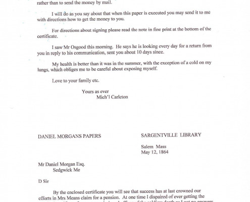 Letters to Daniel Morgan Jr. regarding military benefits for his sister Mary C. Means.