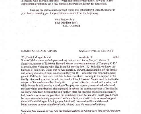 Letters to Daniel Morgan Jr. regarding military benefits for his sister Mary C. Means.