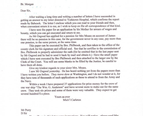 Letters to Daniel Morgan Jr. regarding military benefits for his sister Mary C. Means.