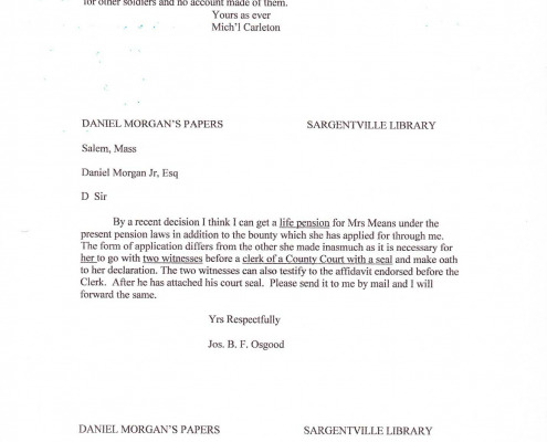 Letters to Daniel Morgan Jr. regarding military benefits for his sister Mary C. Means.