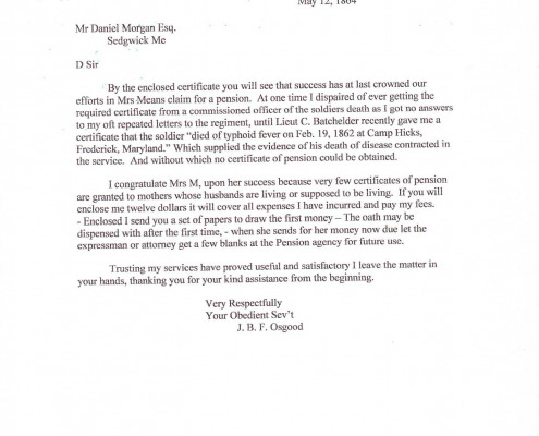 Letters to Daniel Morgan Jr. regarding military benefits for his sister Mary C. Means.