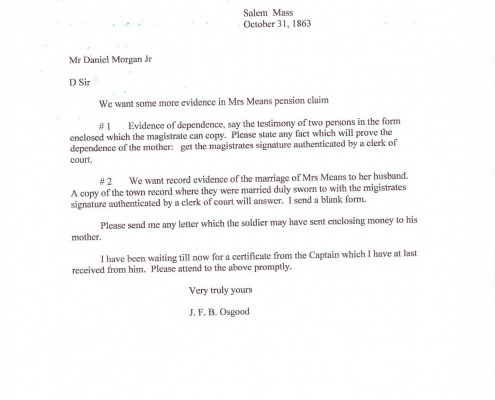 Letters to Daniel Morgan Jr. regarding military benefits for his sister Mary C. Means.