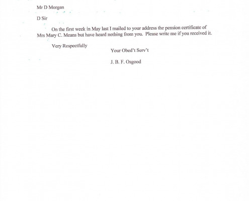 Letters to Daniel Morgan Jr. regarding military benefits for his sister Mary C. Means.