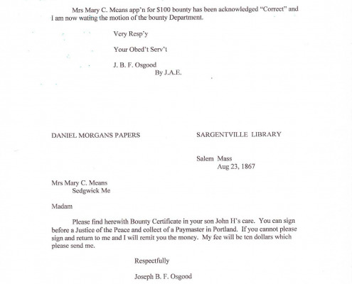 Letters to Daniel Morgan Jr. regarding military benefits for his sister Mary C. Means.