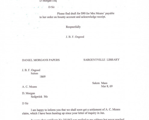 Letters to Daniel Morgan Jr. regarding military benefits for his sister Mary C. Means.