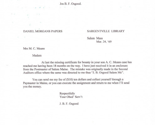 Letters to Daniel Morgan Jr. regarding military benefits for his sister Mary C. Means.