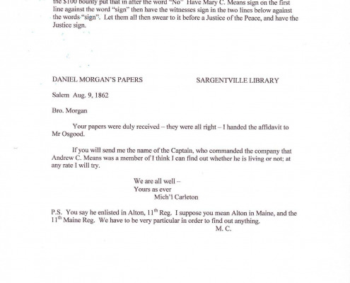 Letters to Daniel Morgan Jr. regarding military benefits for his sister Mary C. Means.