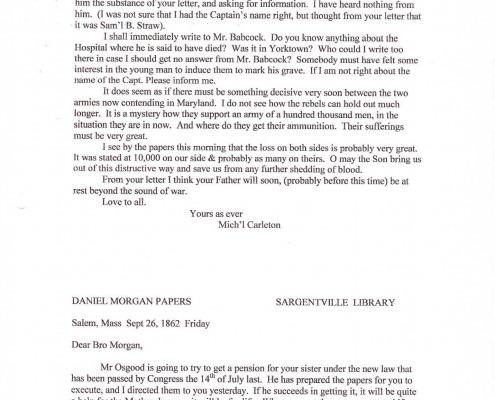 Letters to Daniel Morgan Jr. regarding military benefits for his sister Mary C. Means.