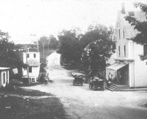 Sargentville main street: store, bowling alley and bakery. Upper left is George Grindle’s, now Emily Webb’s. Gigi and Joe Gray’s is to the left.