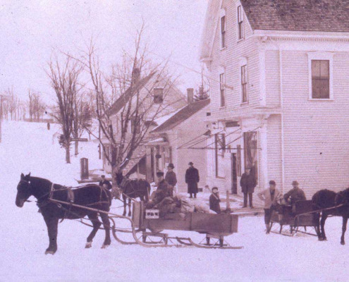 In winter they traveled by sleigh or in pungs. The horses were shaggy with their winter coats.