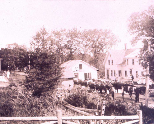Here is the building moving past Parker Billings house (which burned) to finally reach the spot to the right of the library where the front of the old building is now the back of the home owned by the LaCasse family .